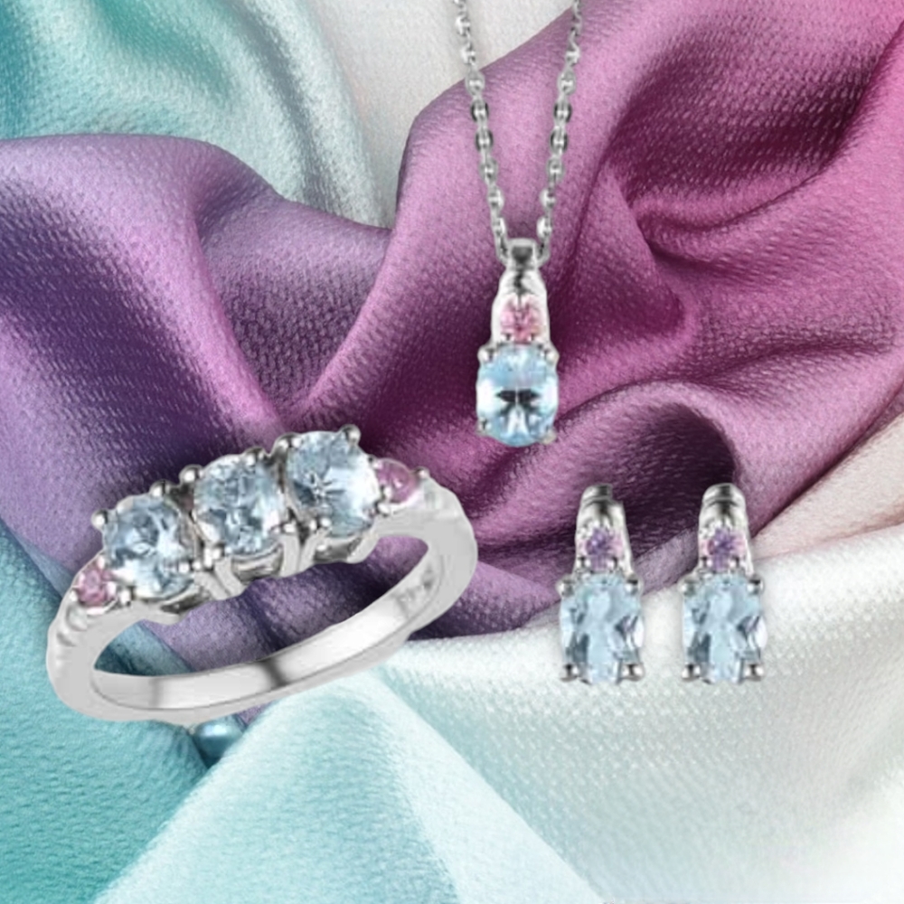 🔥PRICE CUT🔥NWT AQUAMARINE, PINK SAPPHIRE RING SZ9, EARRINGS & PENDANT NECKLACE